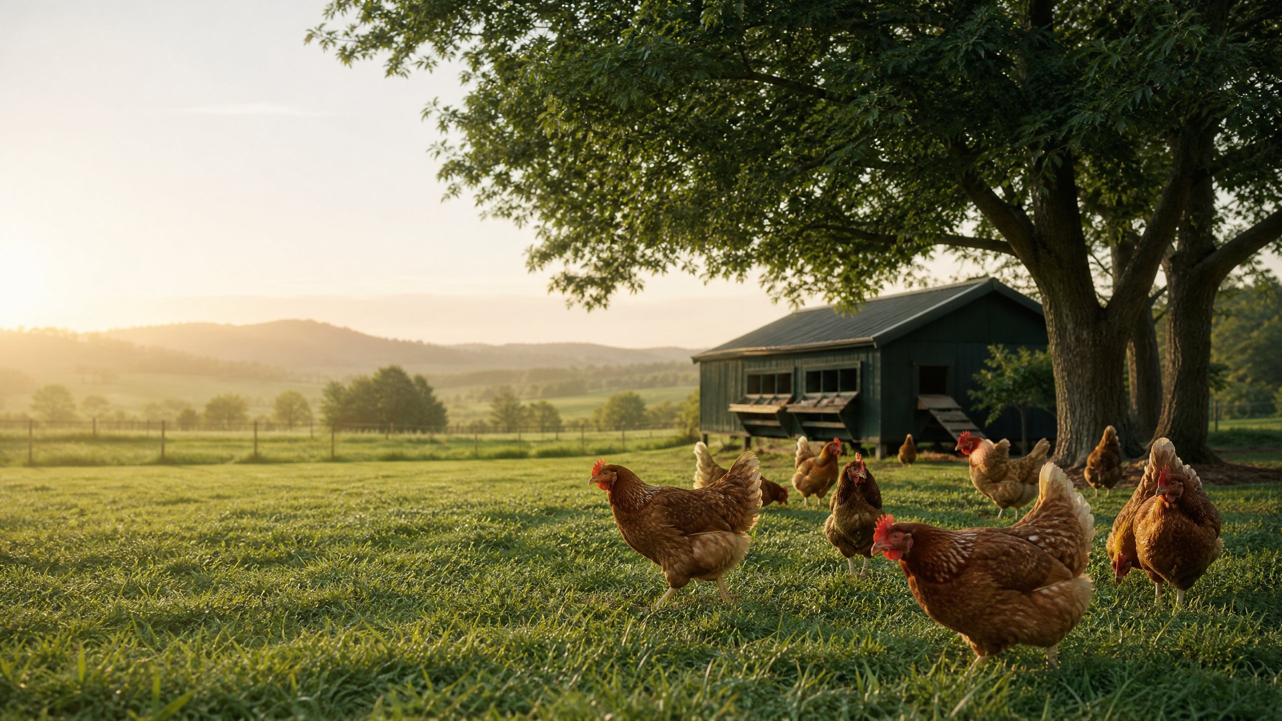 Healthy hens walk through the green grounds of a well-kept poultry farm.